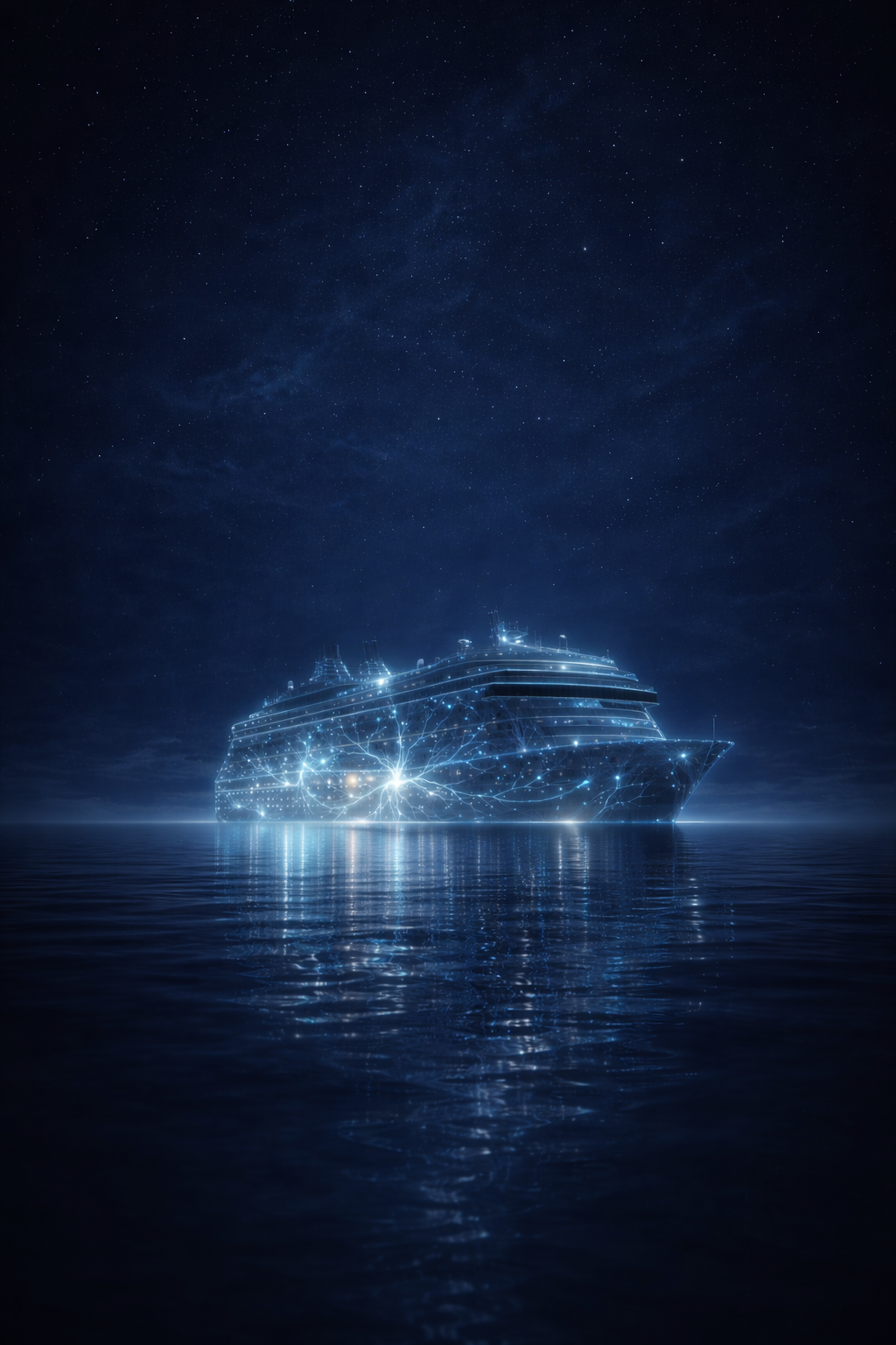 Cruise ship at night with onboard intelligence visual